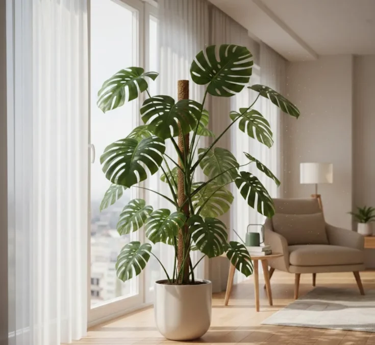 Uma exuberante Costela-de-adão em um apartamento moderno, recebendo luz indireta de uma grande janela.