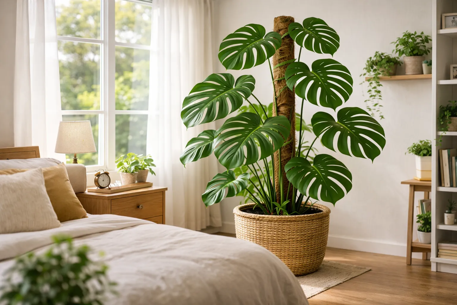 Qual o melhor lugar da casa para a Costela-de-adão: Monstera deliciosa posicionada ao lado de janela com luz indireta iluminando folhas recortadas