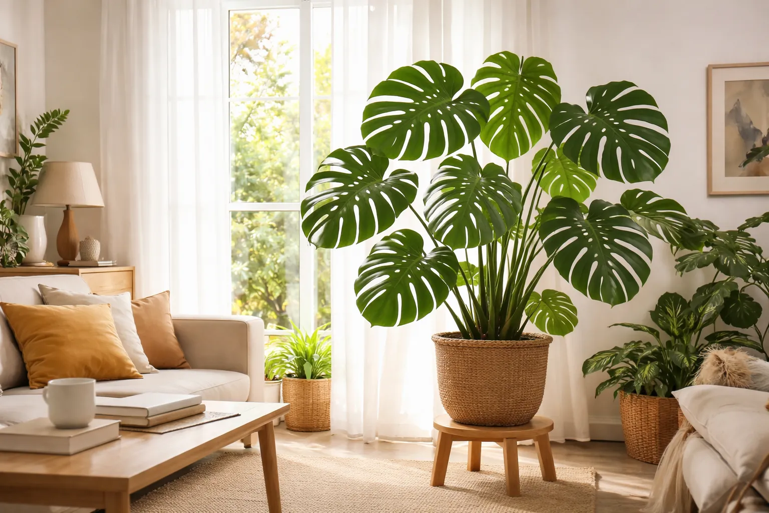 A Costela-de-adão gosta de calor: Planta costela-de-adão saudável em ambiente interno quente com luz indireta