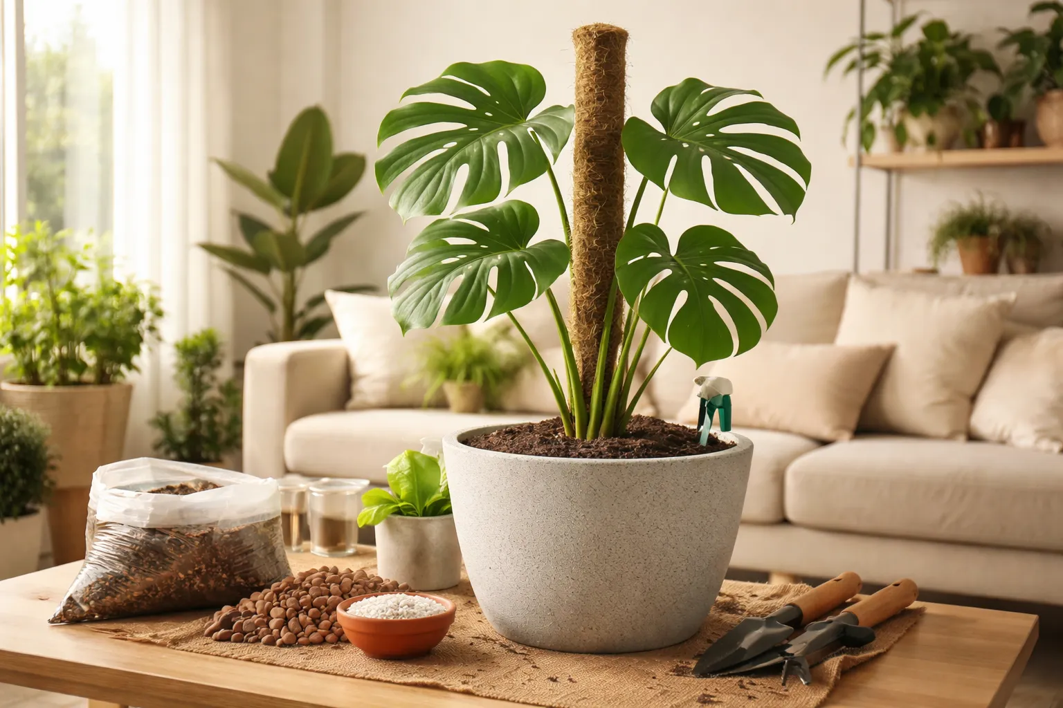 Como plantar a Costela-de-adão corretamente: Plantio de Costela-de-adão em vaso grande com tutor de fibra de coco em ambiente interno claro