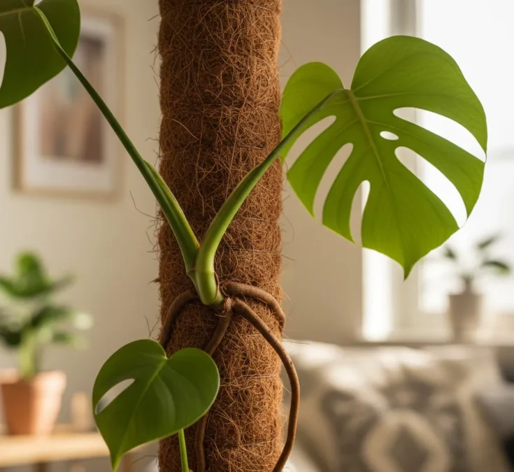 Close-up de uma Costela-de-adão jovem com raízes aéreas se fixando em um tutor de fibra de coco (estaca musgo). As folhas da planta estão crescendo maiores e mais recortadas, indicando um desenvolvimento saudável.