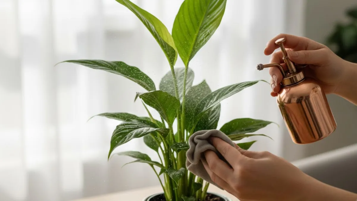 Lírio-da-paz sendo cuidado em ambiente interno iluminado