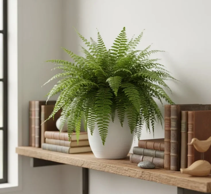 Uma samambaia densa em um vaso branco sobre uma prateleira de madeira rústica, cercada por livros e pequenos objetos decorativos, em um ambiente bem iluminado.