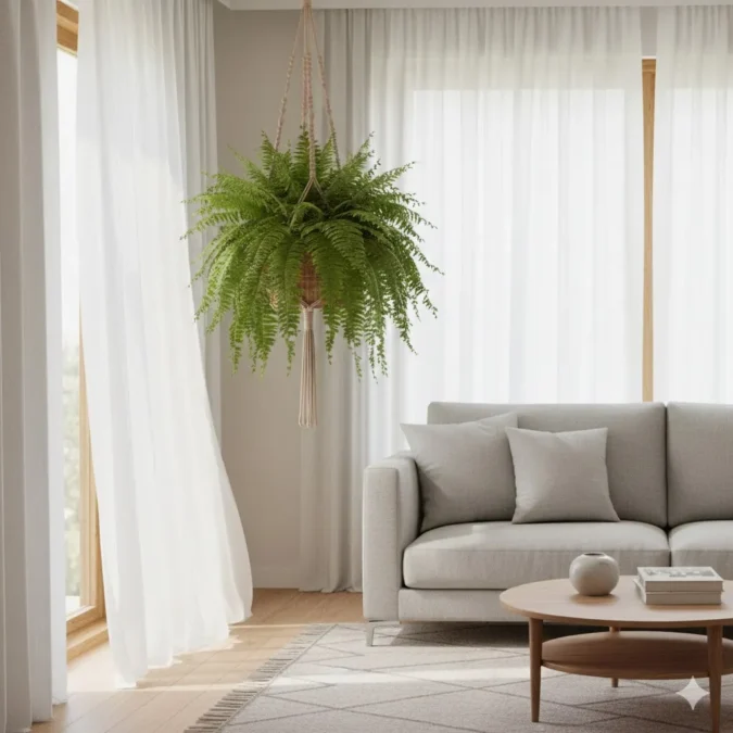 Samambaia pendurada em um suporte decorativo em uma sala de estar moderna e bem iluminada, complementando a decoração.