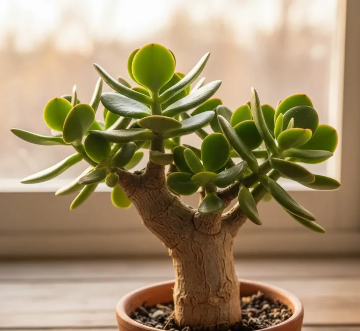 Close-up de folhas grossas, redondas e brilhantes da planta jade, com um tronco mais velho e espesso que se assemelha a uma mini árvore.