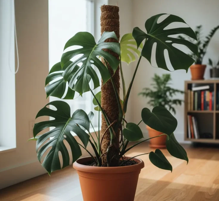 Uma Costela-de-adão com um tutor de musgo visível, suas raízes aéreas se agarrando ao suporte, indicando um crescimento vertical e saudável.