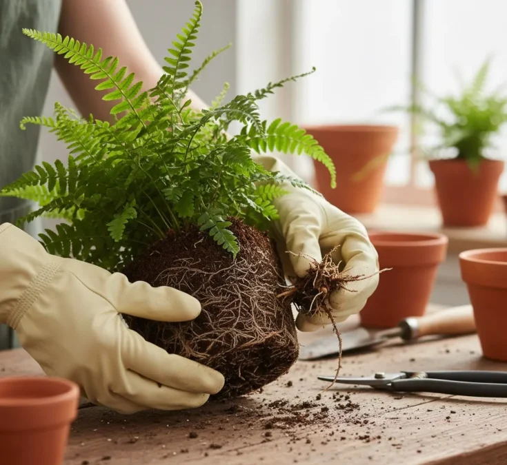 Mãos cuidadosamente separando os rizomas de uma samambaia retirada do vaso, mostrando as pequenas "moitas" com raízes para formar novas plantas.