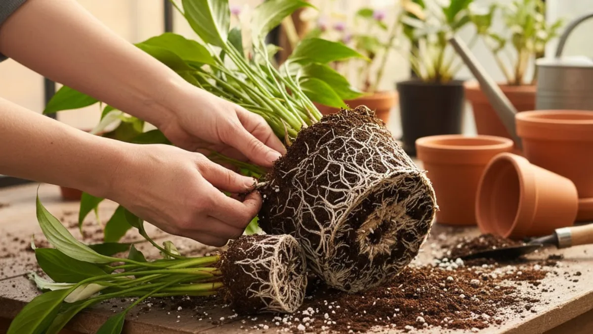 Pessoa separando raízes do Lírio-da-paz durante replantio