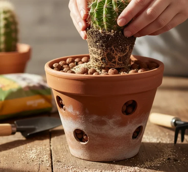 Cacto em vaso, com furos de drenagem visíveis e uma camada de argila expandida na base, exemplificando a importância da drenagem.