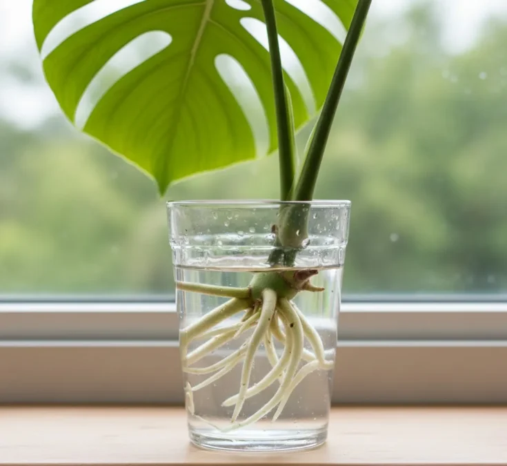 Estaca de Costela-de-Adão com raízes brancas visíveis em um copo de vidro com água, próximo a uma janela.