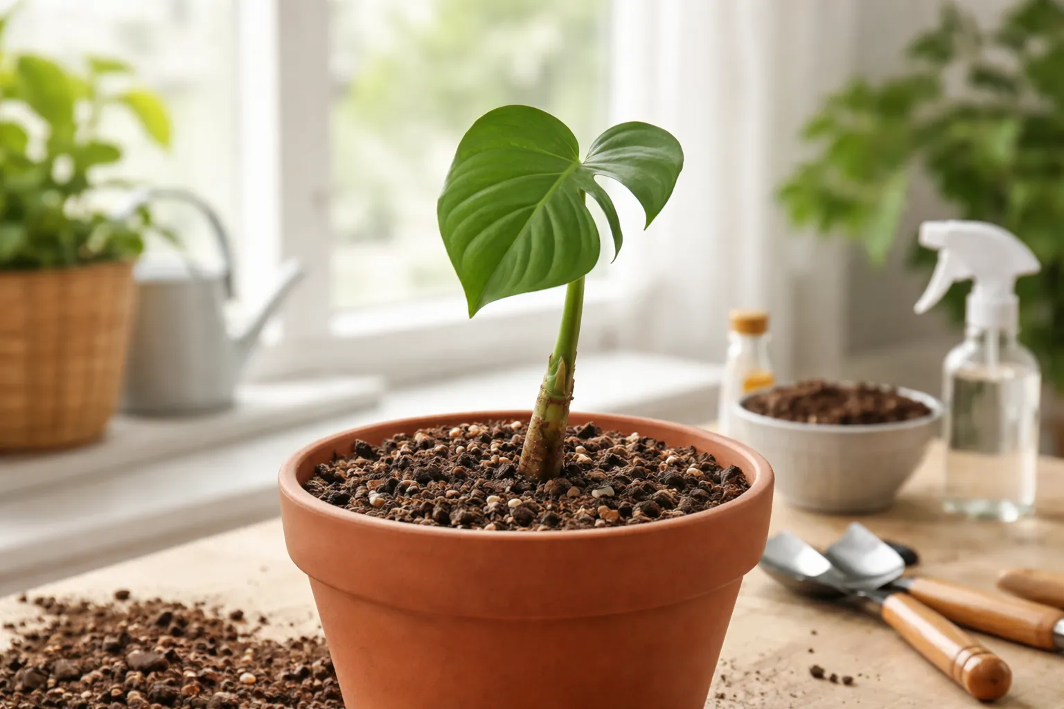 Como fazer muda de Costela-de-adão por estaca: estaca de costela-de-adão enraizando em vaso com substrato leve dentro de casa