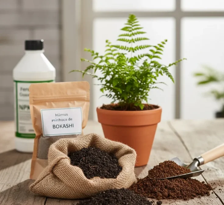 Uma variedade de fertilizantes orgânicos, incluindo húmus de minhoca, bokashi e composto orgânico, em suas embalagens ou recipientes, dispostos ao lado de um pequeno vaso com uma samambaia jovem.