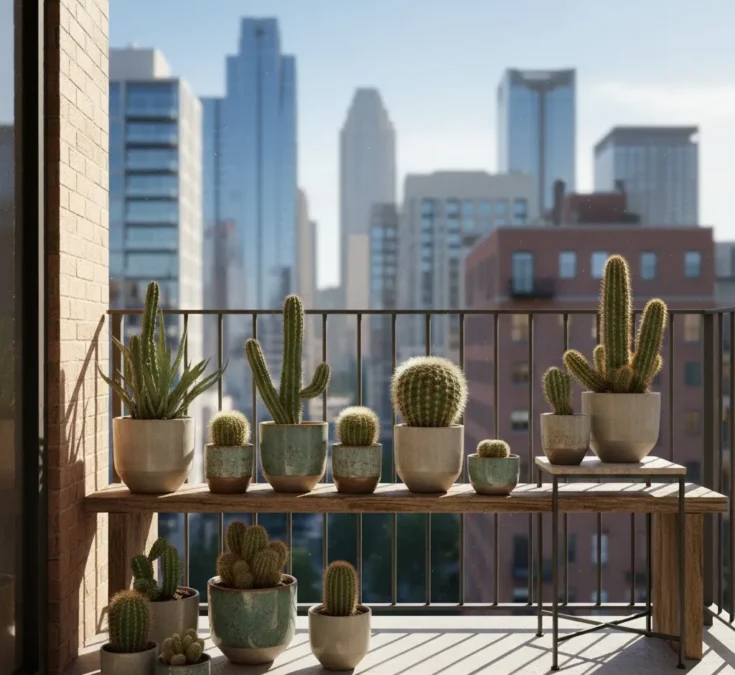 Cactos posicionados em uma varanda ensolarada de apartamento, com vista para a cidade.