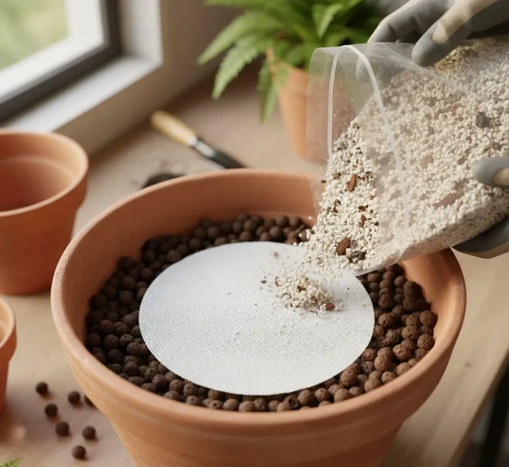 Sequência mostrando o preparo de um vaso para samambaia, começando com argila expandida no fundo, seguida por uma manta bidim e, por último, o substrato leve, enfatizando a importância da drenagem para evitar o apodrecimento das raízes.