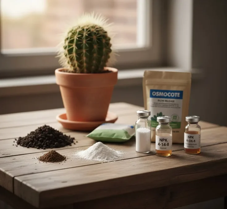 Adubos orgânicos (húmus, farinha de ossos, torta de mamona) e minerais (NPK, fertilizante para suculentas) dispostos com um cacto ao fundo.