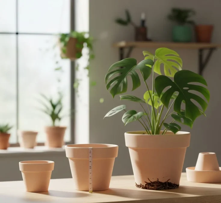 Diferentes tamanhos de vasos ao lado de uma planta, demonstrando a comparação entre vasos pequenos, médios e grandes para um crescimento saudável da planta.