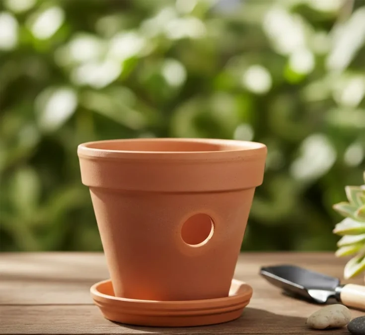 Imagem de um vaso de barro com furo de drenagem, ideal para o cultivo de babosa.