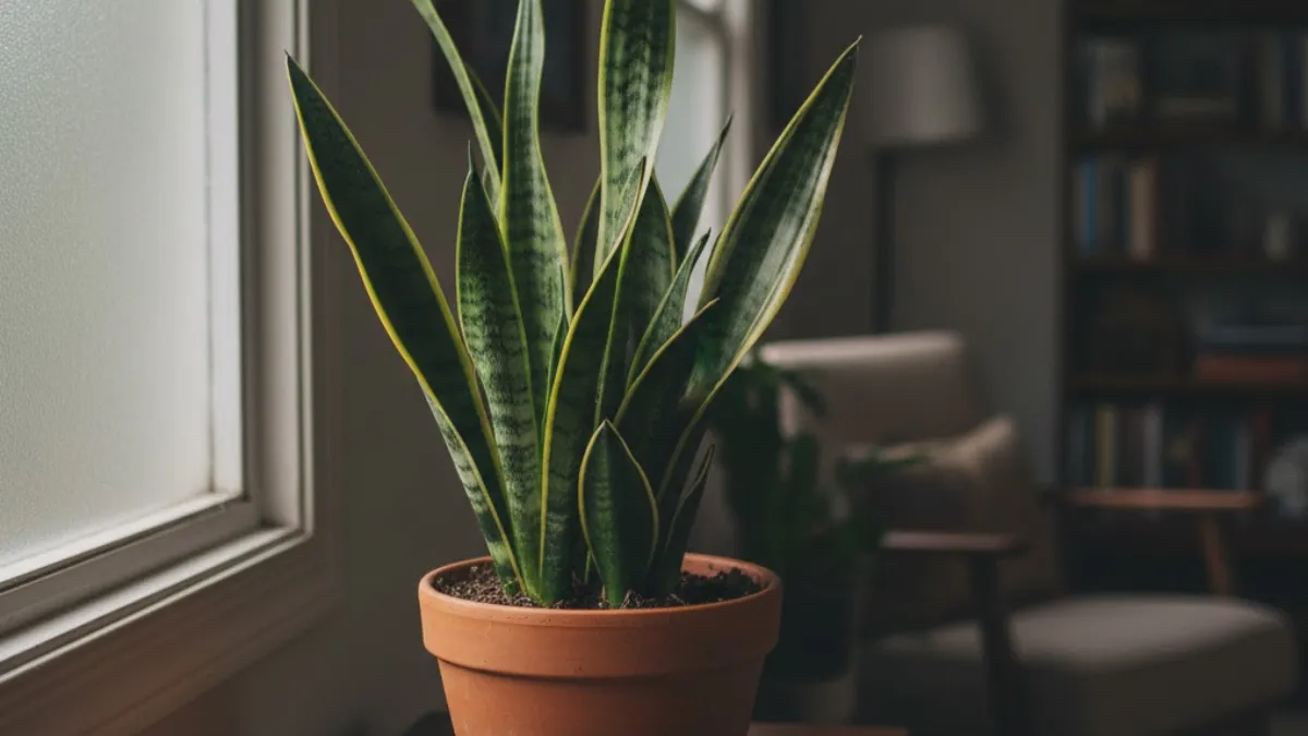Espada-de-São-Jorge em interior com pouca luz e folhas firmes