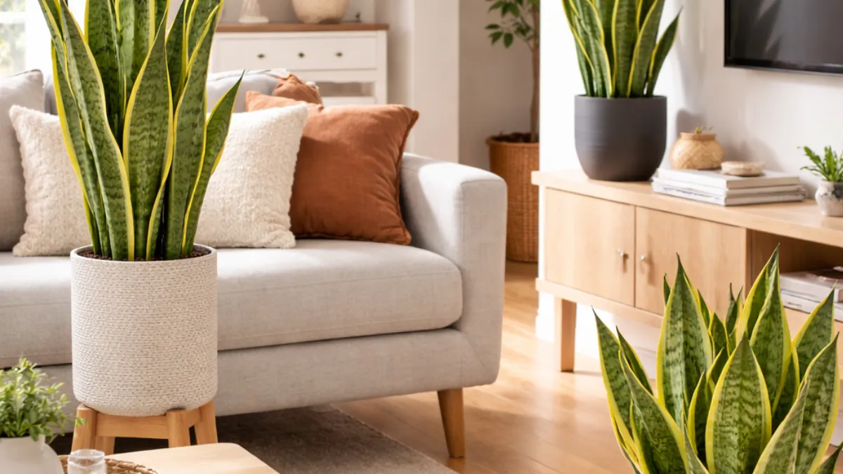 Como usar a Espada-de-São-Jorge na decoração: Sala de estar clara com sofá neutro e plantas Espada-de-São-Jorge em vasos decorativos ao lado do sofá e do rack