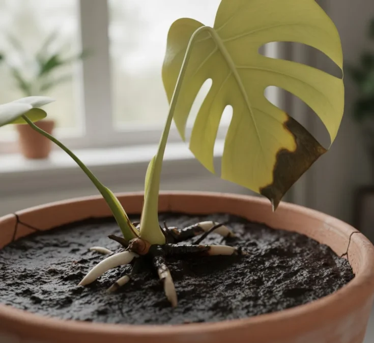 Close-up realista de raízes de Costela-de-Adão apodrecidas em solo encharcado, com folhas amareladas e moles.