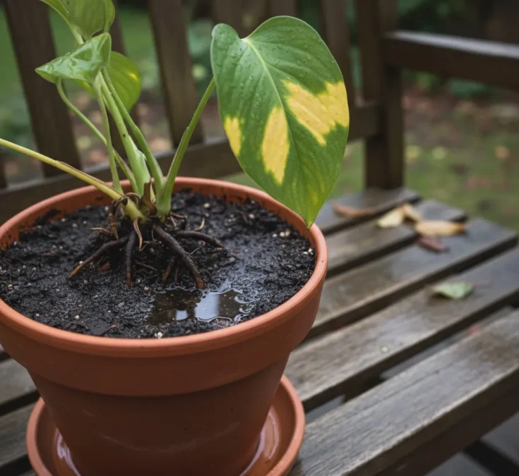Foto detalhada de um vaso de planta de interior com solo encharcado e úmido, mostrando folhas amareladas e moles, indicando excesso de água.