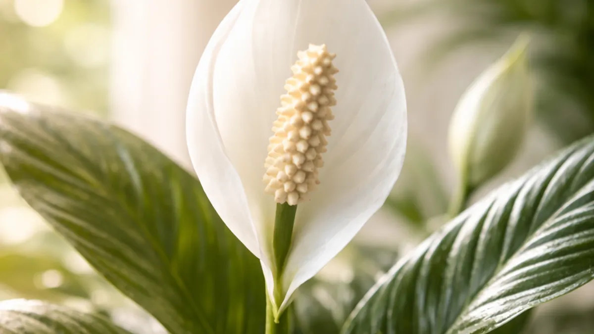 Qual o significado do Lírio-da-paz: Espata branca do Lírio-da-paz com folhas verdes ao fundo