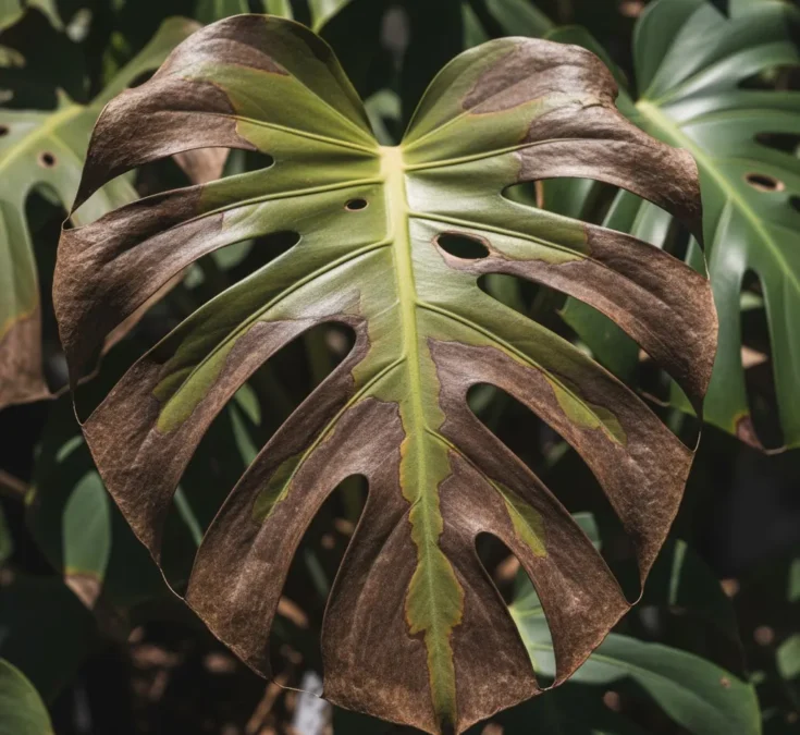 Close-up de folhas de Costela-de-Adão com manchas marrons e bordas queimadas, indicando danos por exposição direta ao sol.