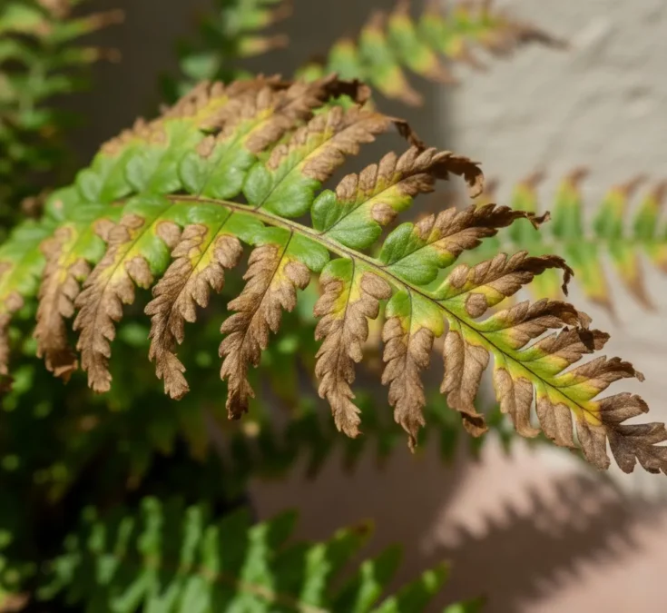 Close-up de folhas de samambaia com manchas marrons e aspecto ressecado, indicando exposição excessiva ao sol.