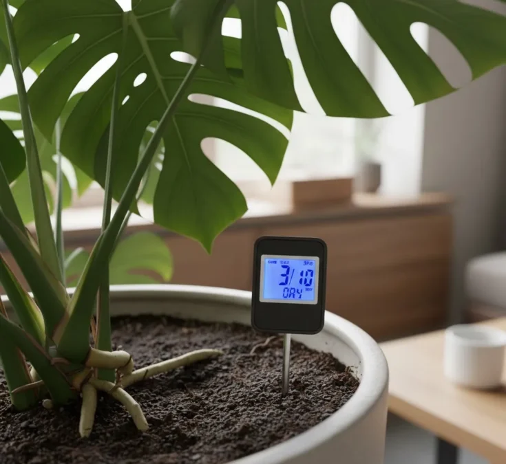 Um medidor de umidade de solo inserido no vaso de uma Costela-de-adão, indicando o nível de umidade do substrato e evitando excessos.