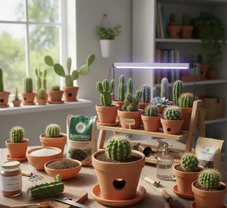 Uma mesa de jardinagem organizada com mudas de cacto em vasos de barro, sacos de substrato especializado, canela em pó, ferramentas de corte e uma luminária de cultivo ao fundo. Estilo realista e iluminado.