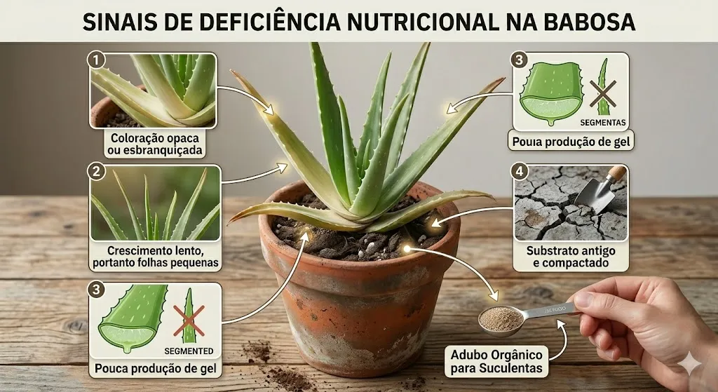 Um infográfico detalhado mostrando uma planta de babosa em um vaso de terracota sobre uma mesa de madeira rustica. O título no topo diz "SINAIS DE DEFICIÊNCIA NUTRICIONAL NA BABOSA". Várias caixas de zoom com setas apontam para partes específicas da planta, ilustrando sintomas como coloração opaca, crescimento lento, pouca produção de gel e substrato compactado. No canto inferior direito, uma mão segura uma colher com adubo granulado perto de um rótulo que diz "Adubo Orgânico para Suculentas".
