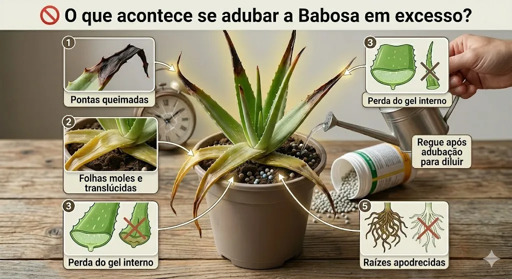 Um infográfico detalhado mostrando uma planta de babosa em um vaso de plástico sobre uma mesa de madeira rústica, visivelmente doente. O título no topo diz "O que acontece se adubar a Babosa em excesso?". Várias caixas de zoom com setas apontam para partes específicas da planta, ilustrando sintomas como pontas queimadas, folhas moles e translúcidas, perda do gel interno e raízes apodrecidas. No canto inferior direito, uma mão segura um regador de metal perto de um rótulo que diz "Regue após adubação para diluir". No fundo, um relógio com vidro rachado e uma embalagem de adubo químico caída.