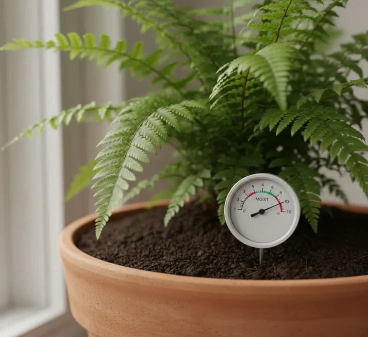 Higrômetro de solo inserido na terra de um vaso de samambaia, mostrando a medição da umidade para um cuidado preciso da planta.