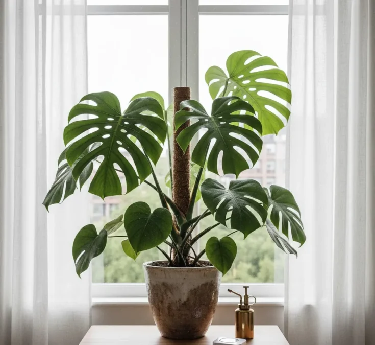 Uma Costela-de-adão saudável posicionada perto de uma grande janela com cortinas translúcidas que filtram a luz solar direta, garantindo luz indireta abundante. O ambiente é claro e arejado, ideal para a planta.