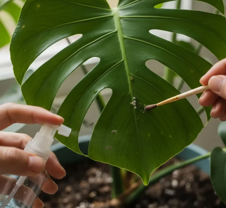 Close-up de folhas de Costela-de-adão com alguns insetos comuns, como cochonilhas e pulgões, mostrando a importância da limpeza e observação.
