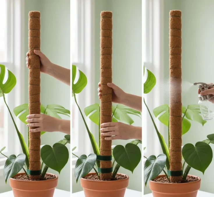 Mãos inserindo um tutor de fibra de coco em um vaso com uma Costela-de-adão, prendendo o caule com fita de jardinagem e borrifando água no tutor.