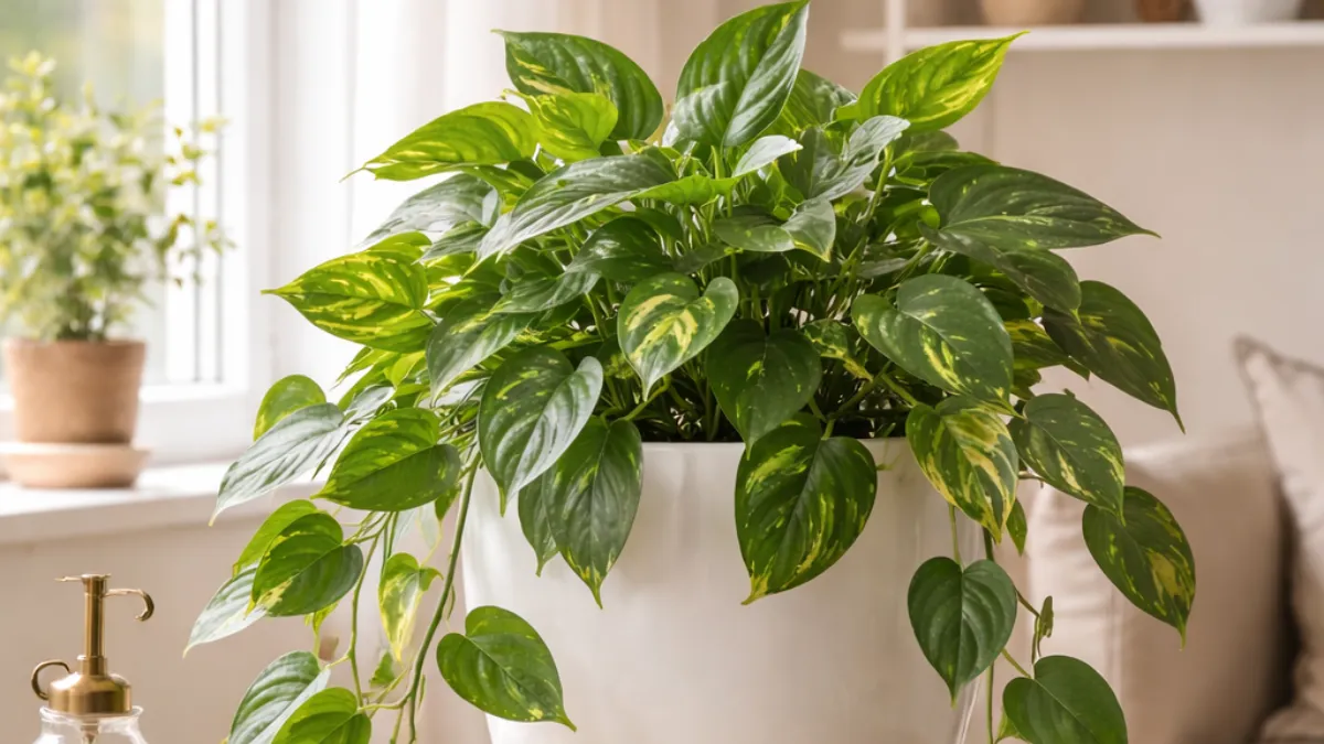 Planta jiboia em vaso branco próxima à janela com luz indireta
