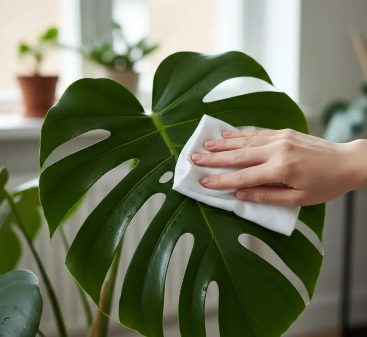Mulher limpa delicadamente uma folha grande de Costela-de-adão com um pano macio e úmido, destacando a textura natural e a cor vibrante da planta.