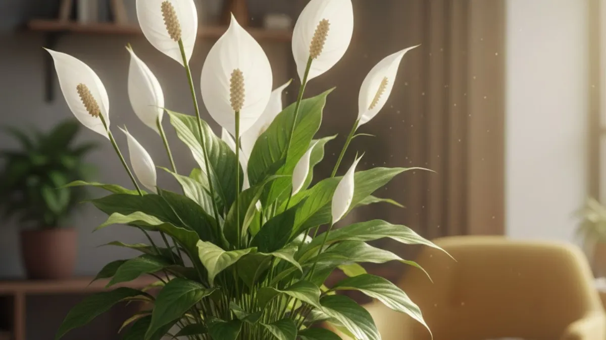 Planta Lírio-da-paz florescendo em ambiente interno iluminado