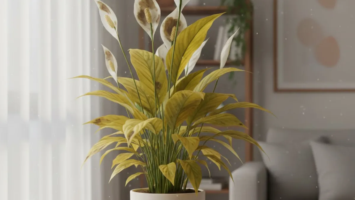 Folhas amarelas em Lírio-da-paz cultivado em vaso