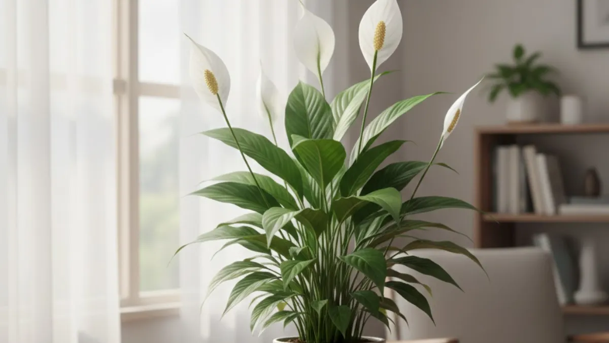 Lírio-da-paz próximo à janela com cortina filtrando a luz