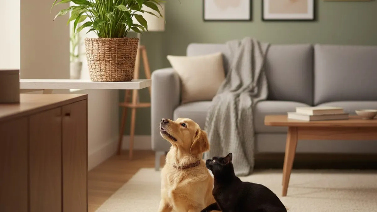 Vaso de Lírio-da-paz em prateleira alta longe de cães e gatos