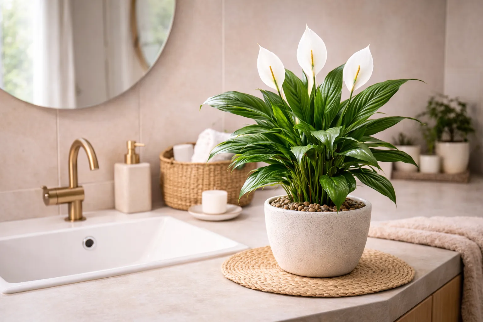 Lírio-da-paz saudável decorando banheiro com luz natural