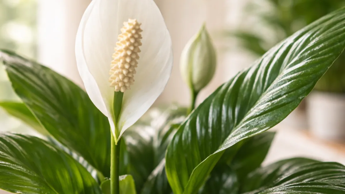 Flor branca de Lírio-da-paz com folhas verdes brilhantes em vaso decorativo
