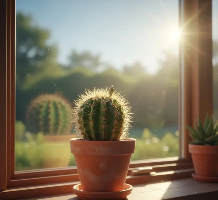 Imagem realista de um cacto saudável em um vaso de terracota, posicionado perto de uma janela com luz solar intensa e direta incidindo sobre ele. O ambiente interno é claro e aconchegante.