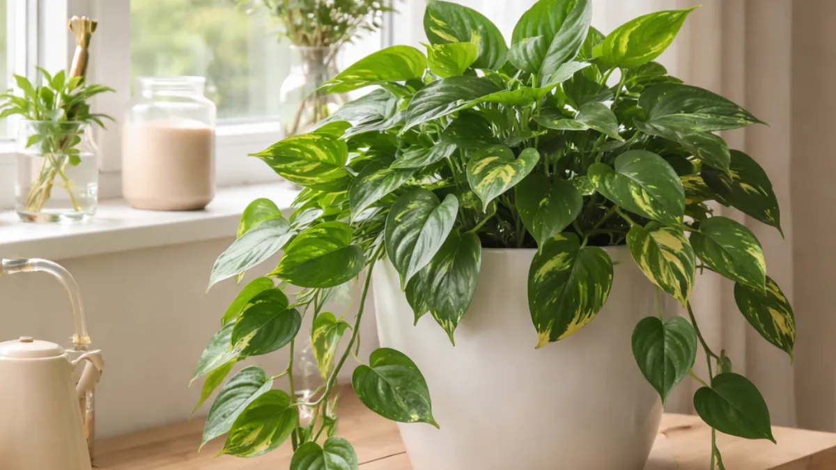 Planta giboia recebendo luz indireta perto de uma janela iluminada dentro de apartamento