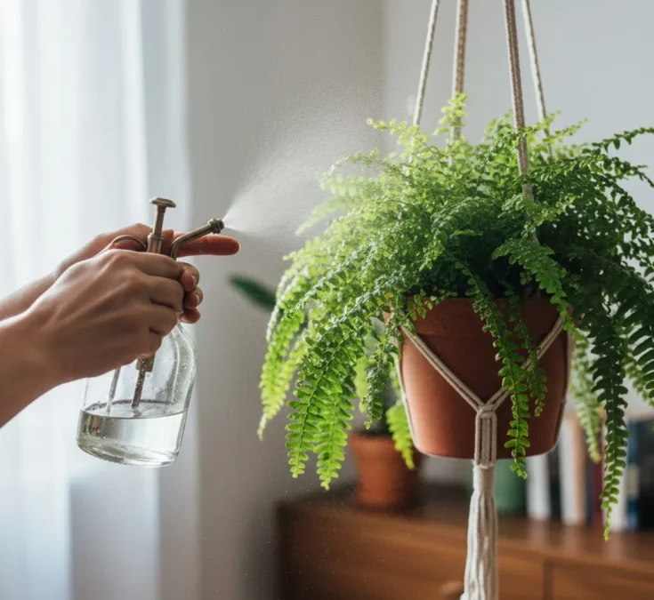 Uma pessoa borrifando suavemente as folhas de uma samambaia exuberante em um vaso suspenso, demonstrando a rega correta para manter a umidade.