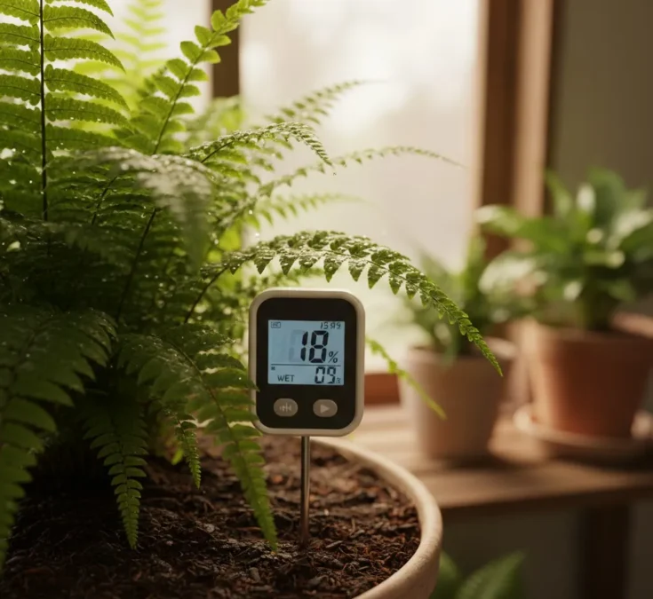 Medidor de umidade digital inserido no substrato de uma samambaia vibrante, com solo visivelmente úmido.