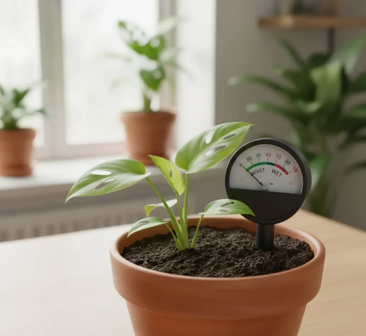 Medidor de umidade inserido no solo de um vaso de Costela-de-adão.