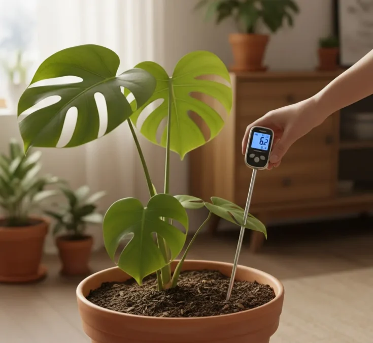 Uma mão inserindo um medidor de umidade do solo no vaso de uma Costela-de-adão, com o display mostrando o nível de umidade. Ferramenta essencial para rega precisa.